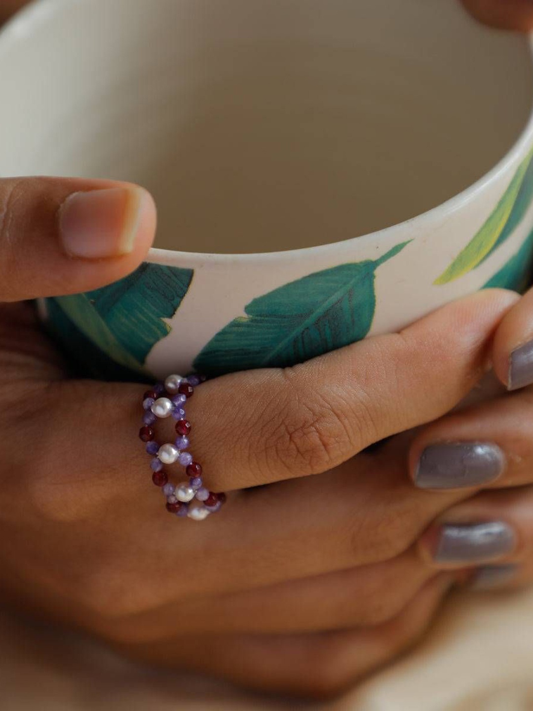 

House of Aadyaa Amethyst and Garnet Beaded Ring, Silver