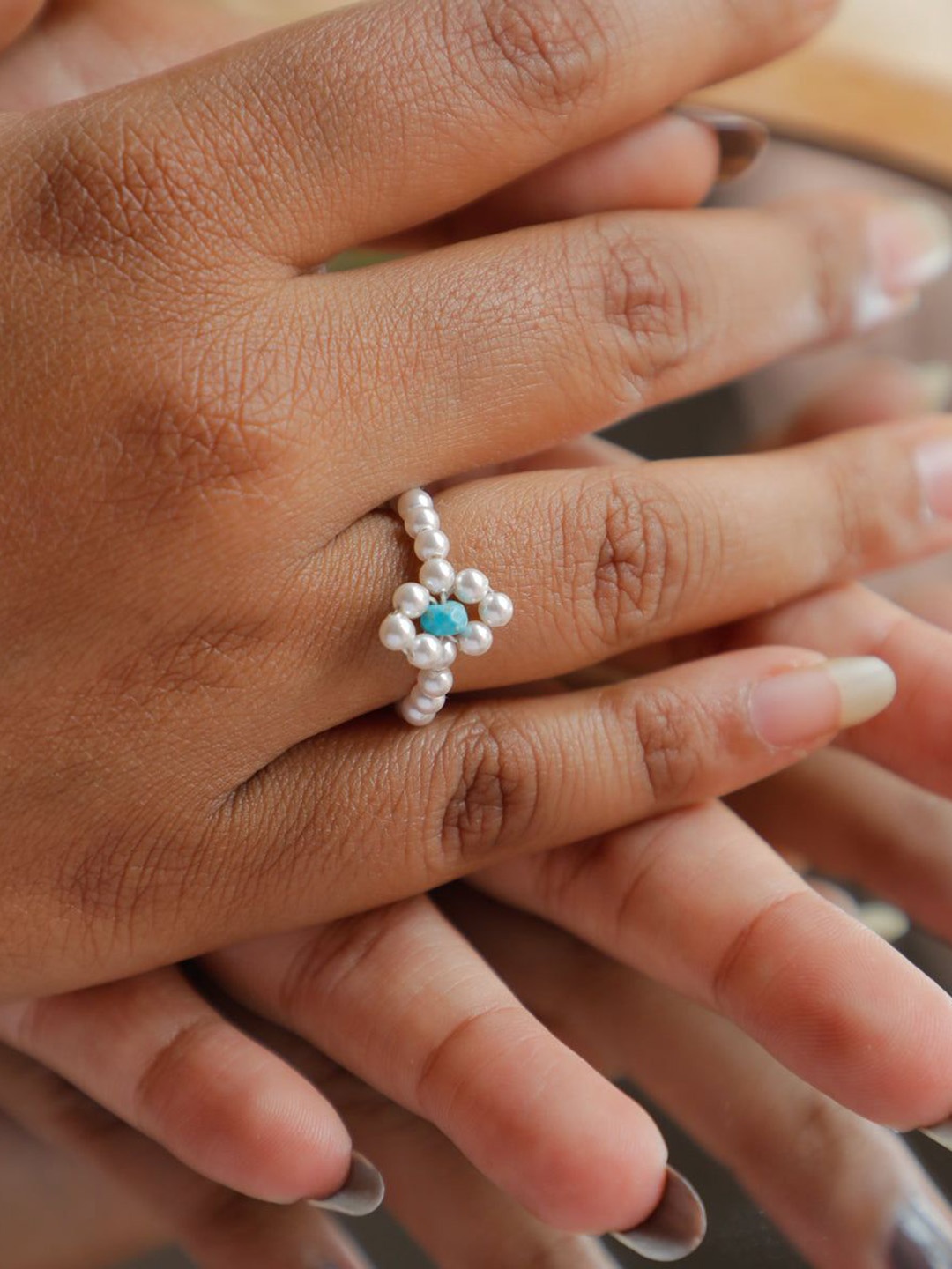 

House of Aadyaa Turquoise & Pearl Beaded Finger Ring, Silver