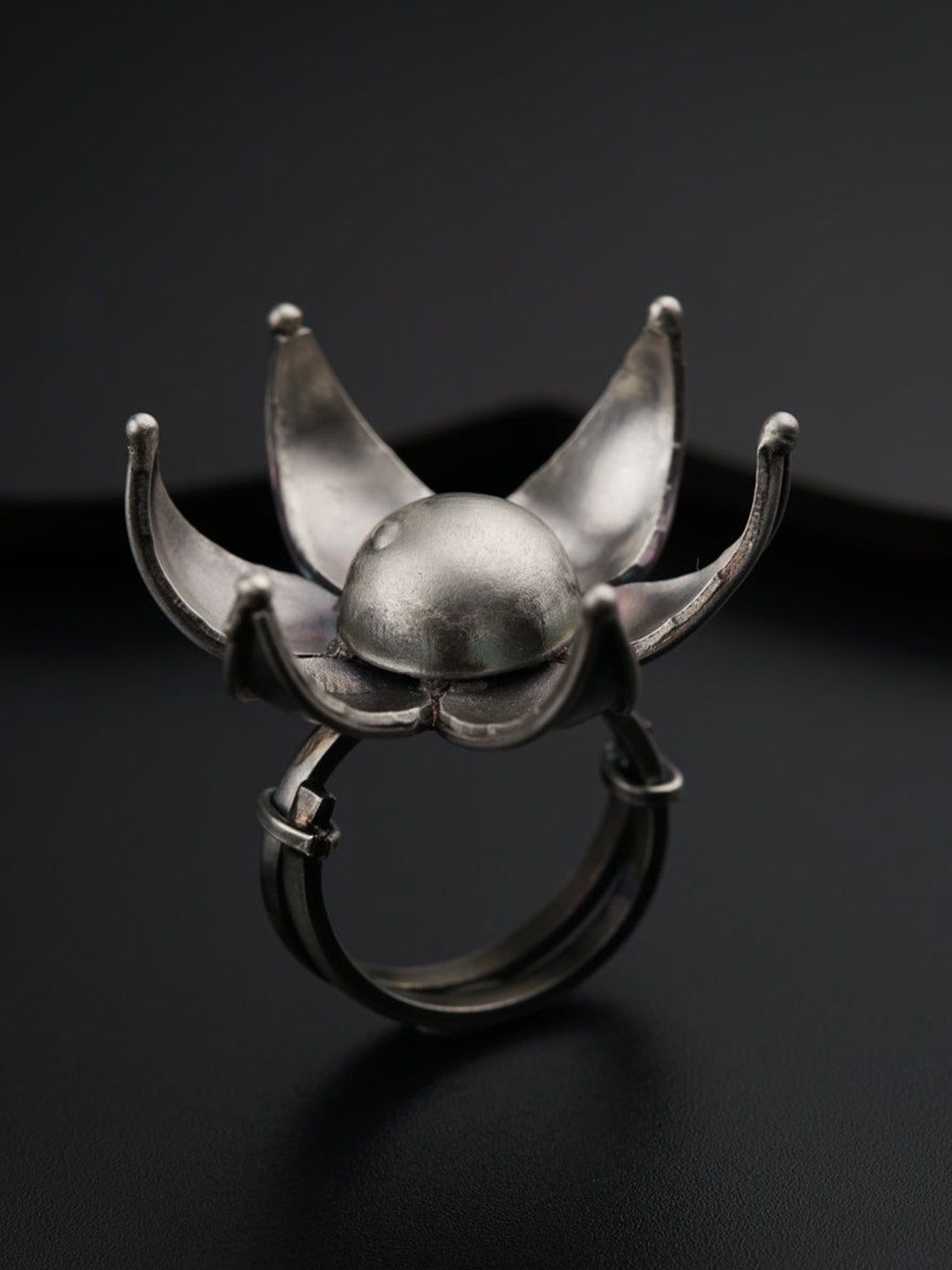

House of Aadyaa Oxidized Lotus 3D Adjustable Finger Ring, Silver