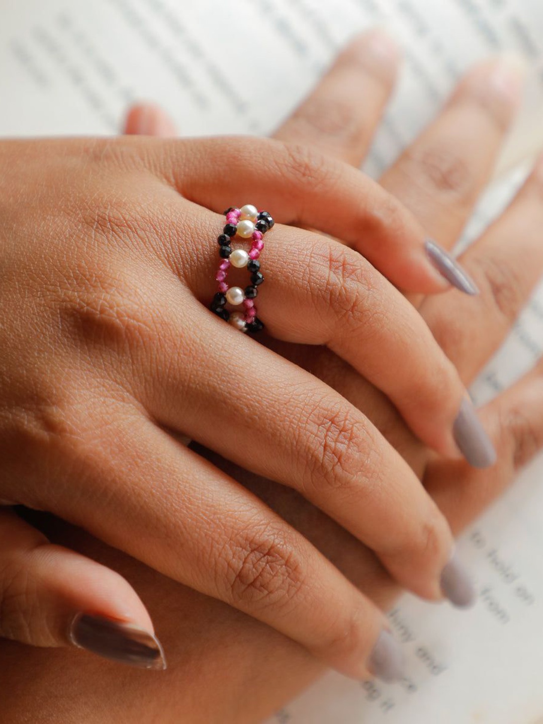 

House of Aadyaa Silver Pearl Finger Ring With Ruby & Black Spinel