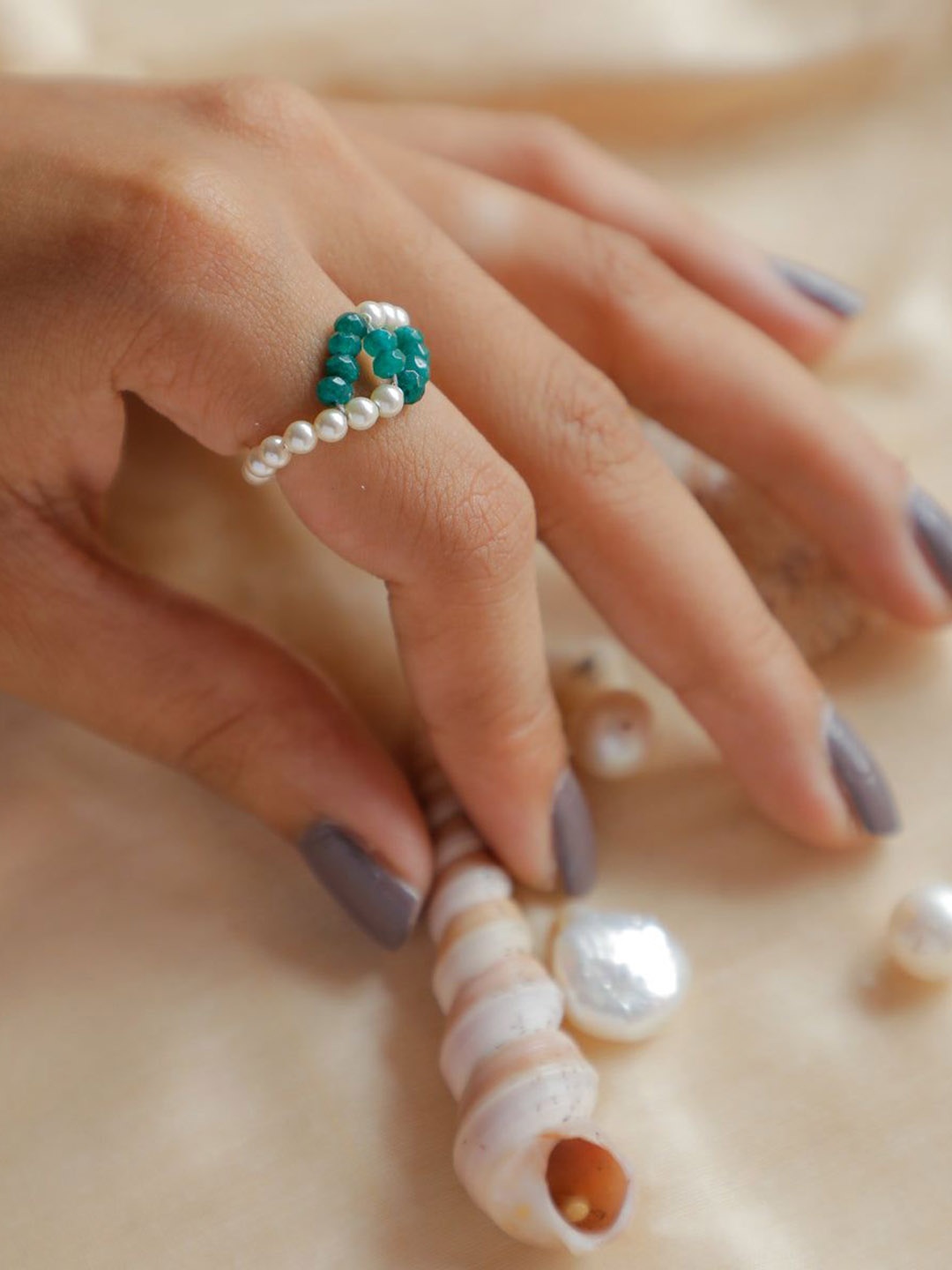 

House of Aadyaa Green Onyx & Pearls Finger Ring, Silver