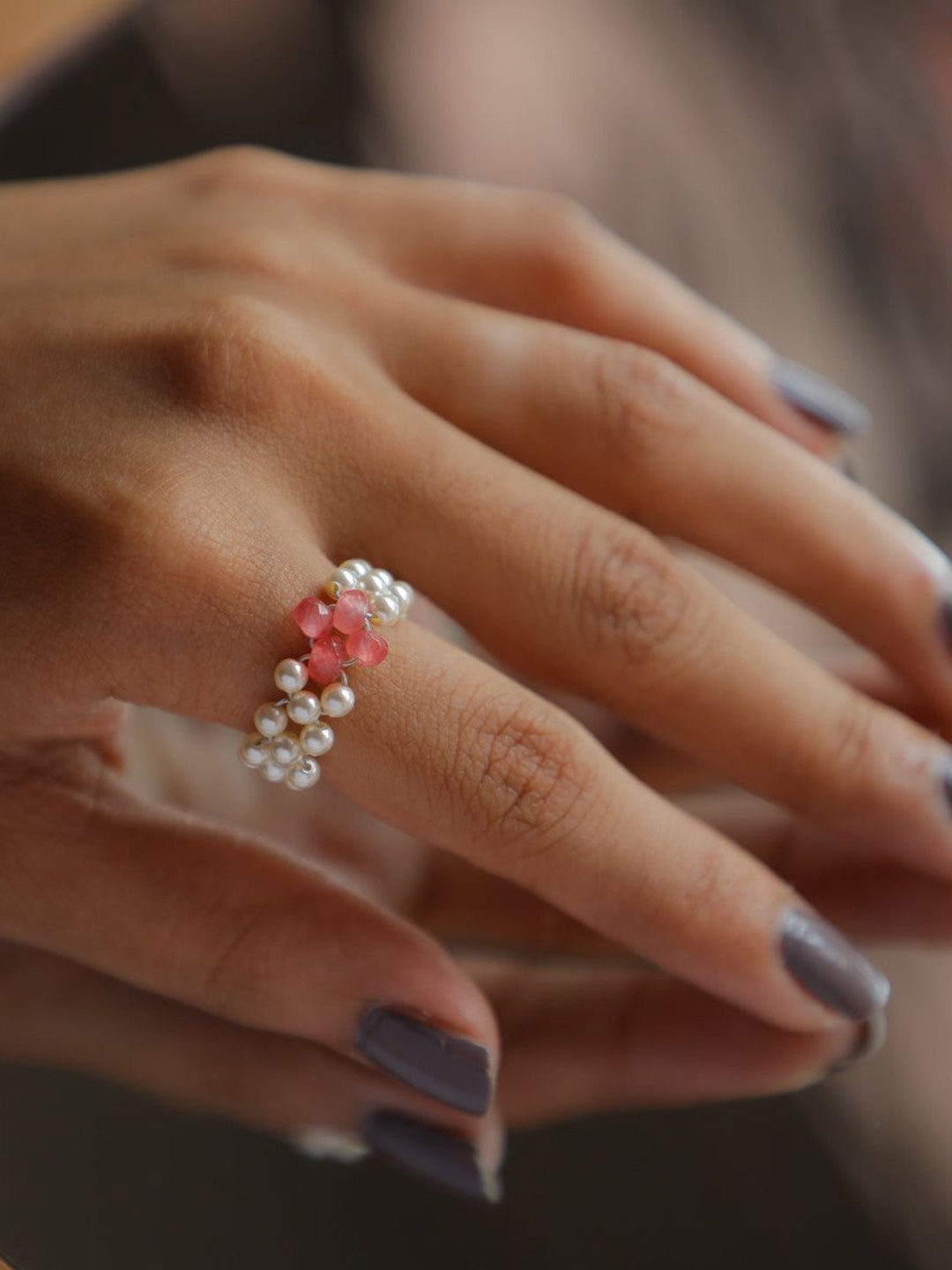 

House of Aadyaa Rose Quartz & Pearls Beaded Finger Ring, Silver