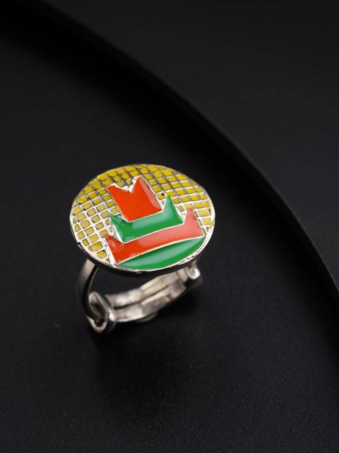 

House of Aadyaa Silver Enamel Adjustable Finger Ring - Yellow Green Orange