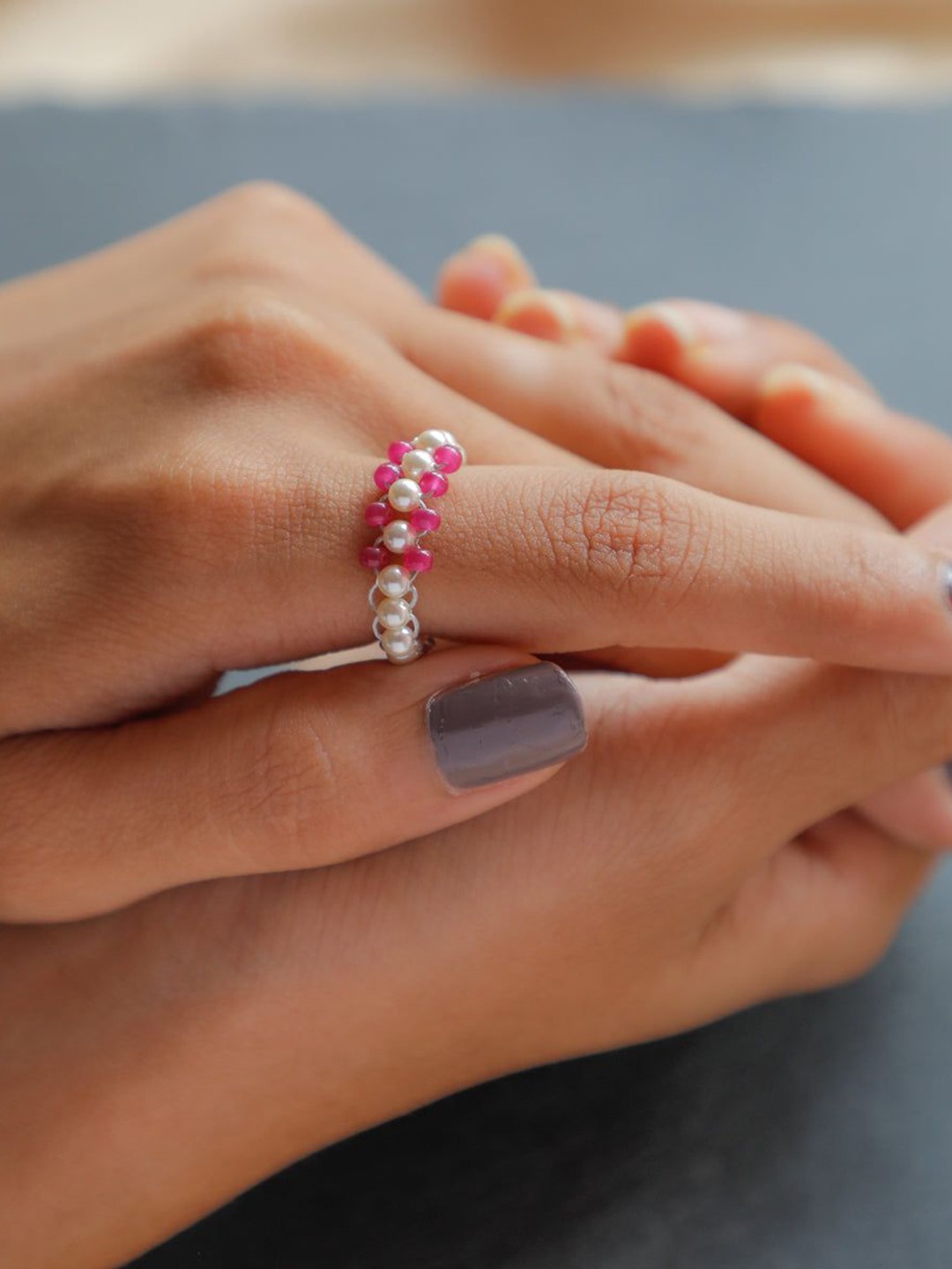 

House of Aadyaa Ruby & Pearl Beaded Finger Ring, Silver