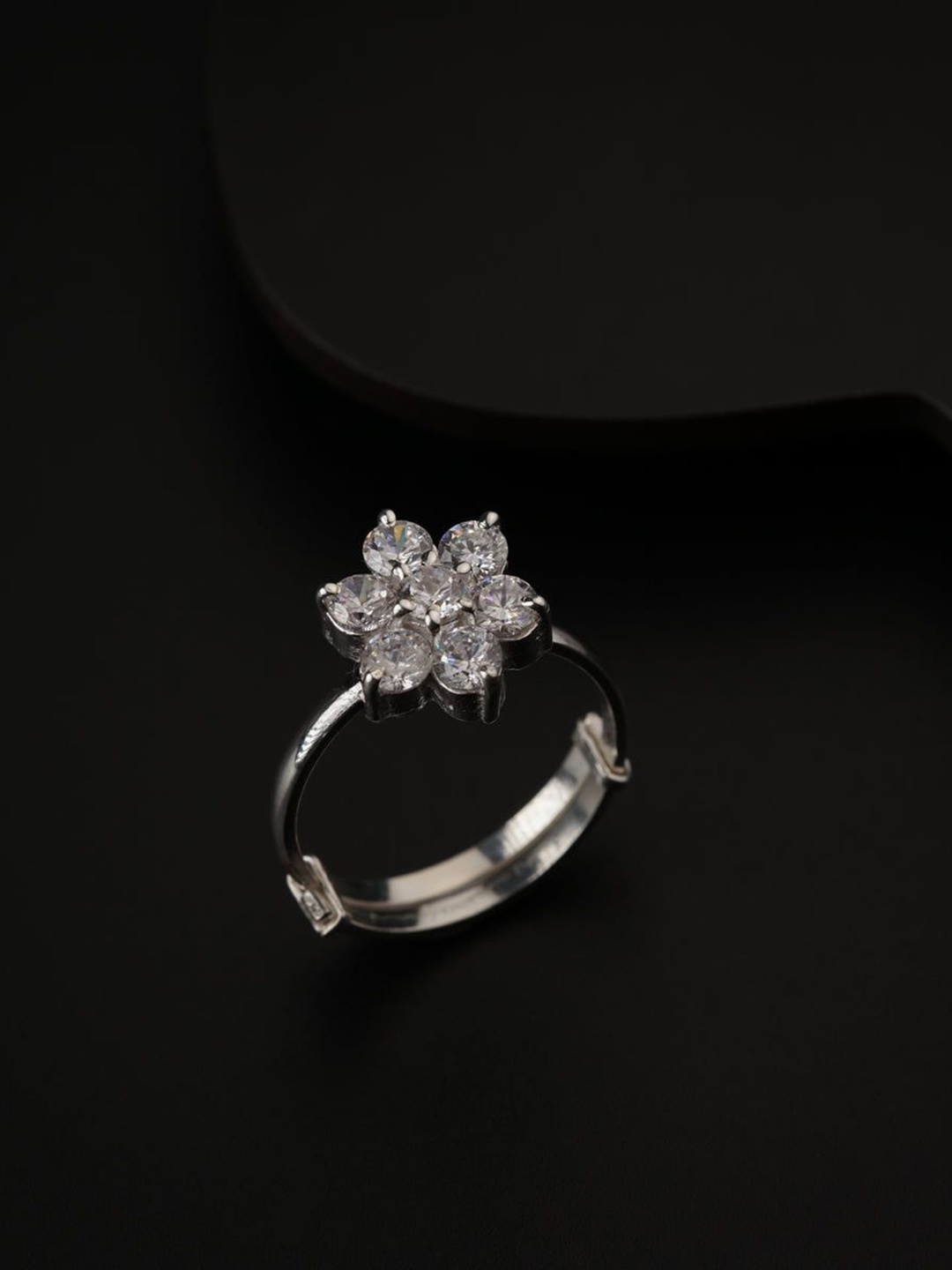 

House of Aadyaa Silver Cubic Zirconia Flower Big Adjustable Finger Ring