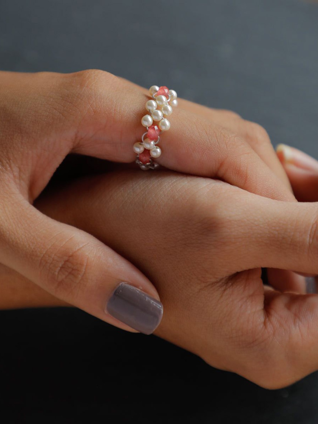 

House of Aadyaa 92.5 Sterling Silver Pearls & Rose Quartz Beaded Finger Ring