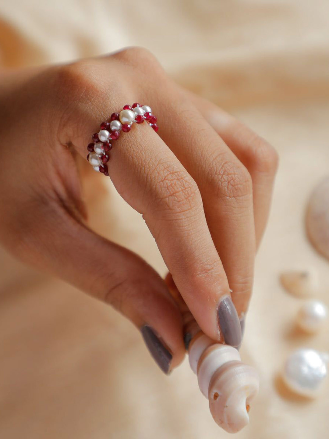 

House of Aadyaa Garnet & Pearls Beaded Finger Ring, Silver