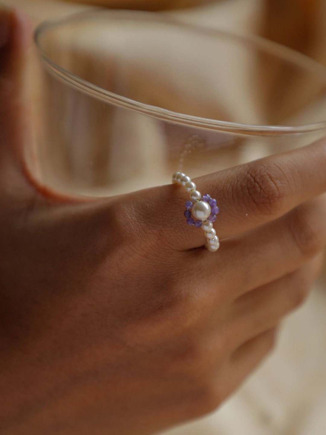 

House of Aadyaa Amethyst & Pearl Beaded Finger Ring, Silver