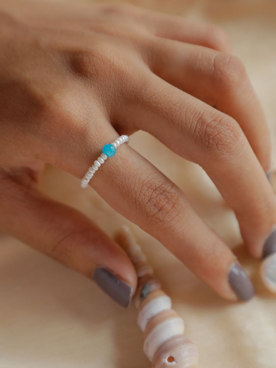

House of Aadyaa Pearls Beaded Finger Ring With Jade, Silver