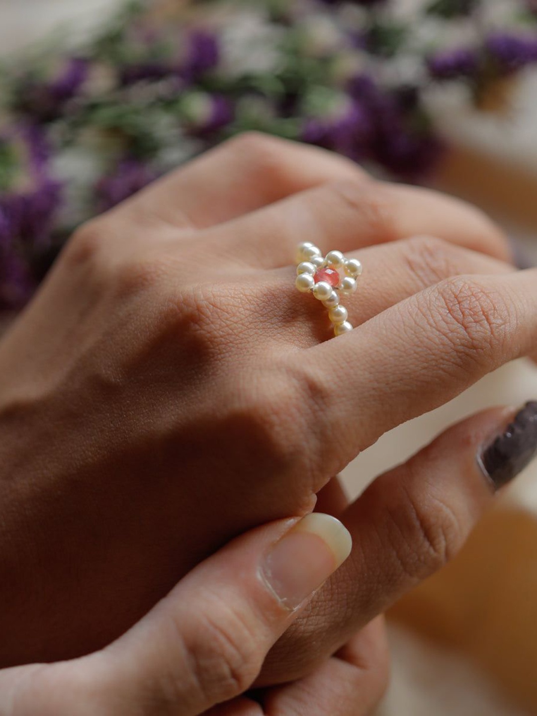 

House of Aadyaa Silver Pearl Bow Ring with Ruby