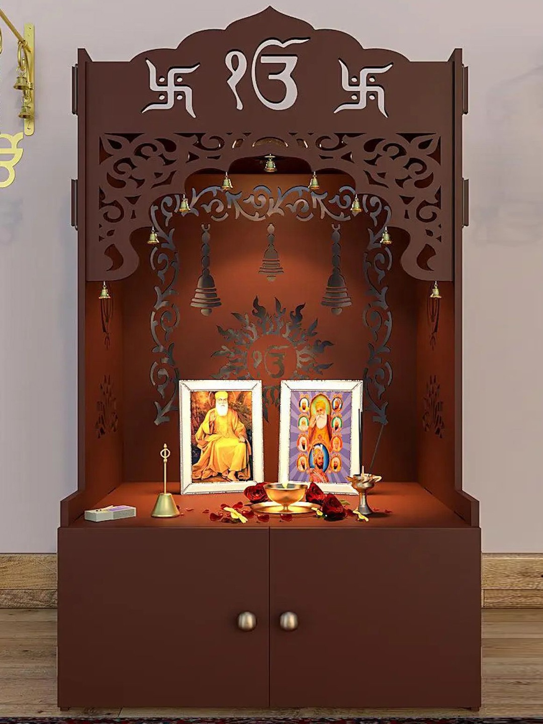 

Homscape Brown Ek Omkar Serenity With Inbuilt Focus Light & Spacious Home Temple