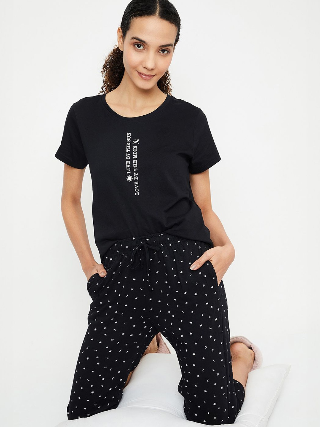 

max Women Geometric Printed Pure Cotton Night suit, Black