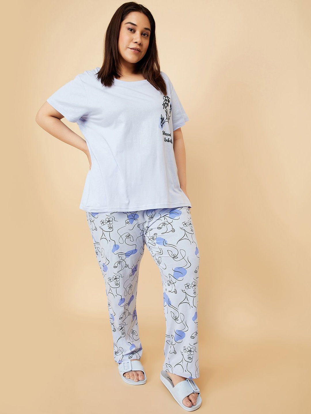 

max Women Plus Size Printed Pure Cotton Night suit, Blue