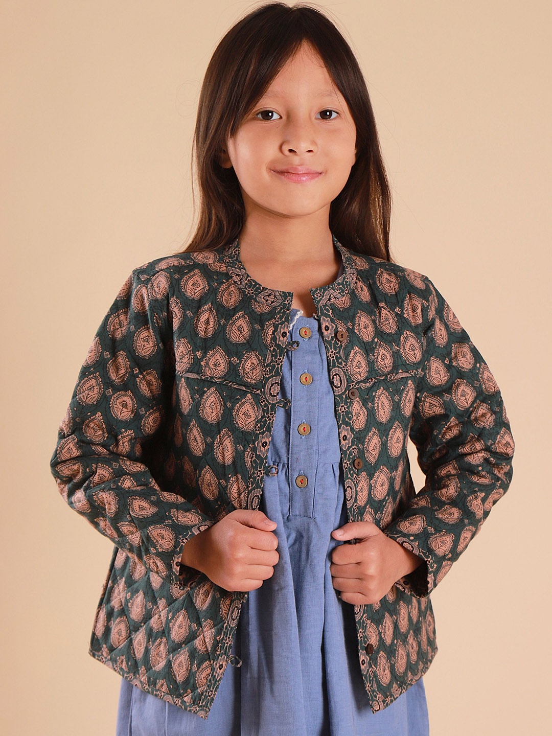 

Sangria Girls Collarless Floral Printed Cotton Casual Tailored Jacket, Teal