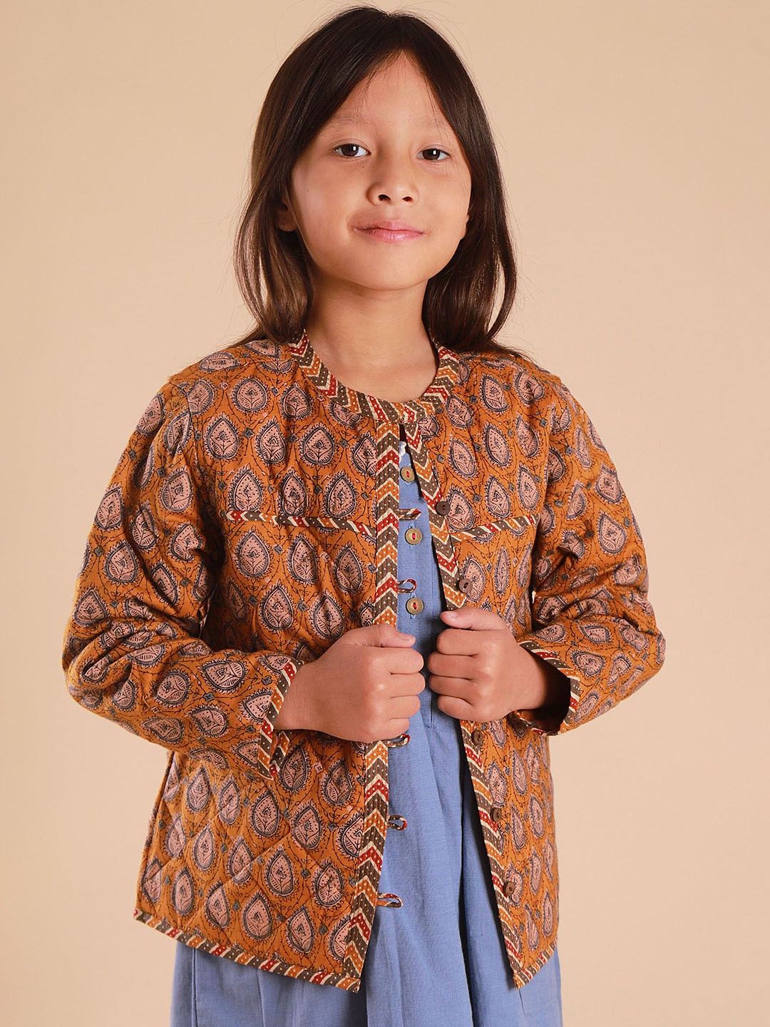 

Sangria Girls Collarless Floral Printed Cotton Casual Tailored Jacket, Mustard