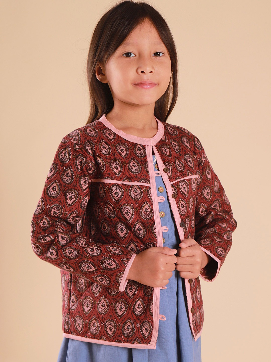 

Sangria Girls Collarless Floral Printed Cotton Casual Quilted Jacket, Maroon
