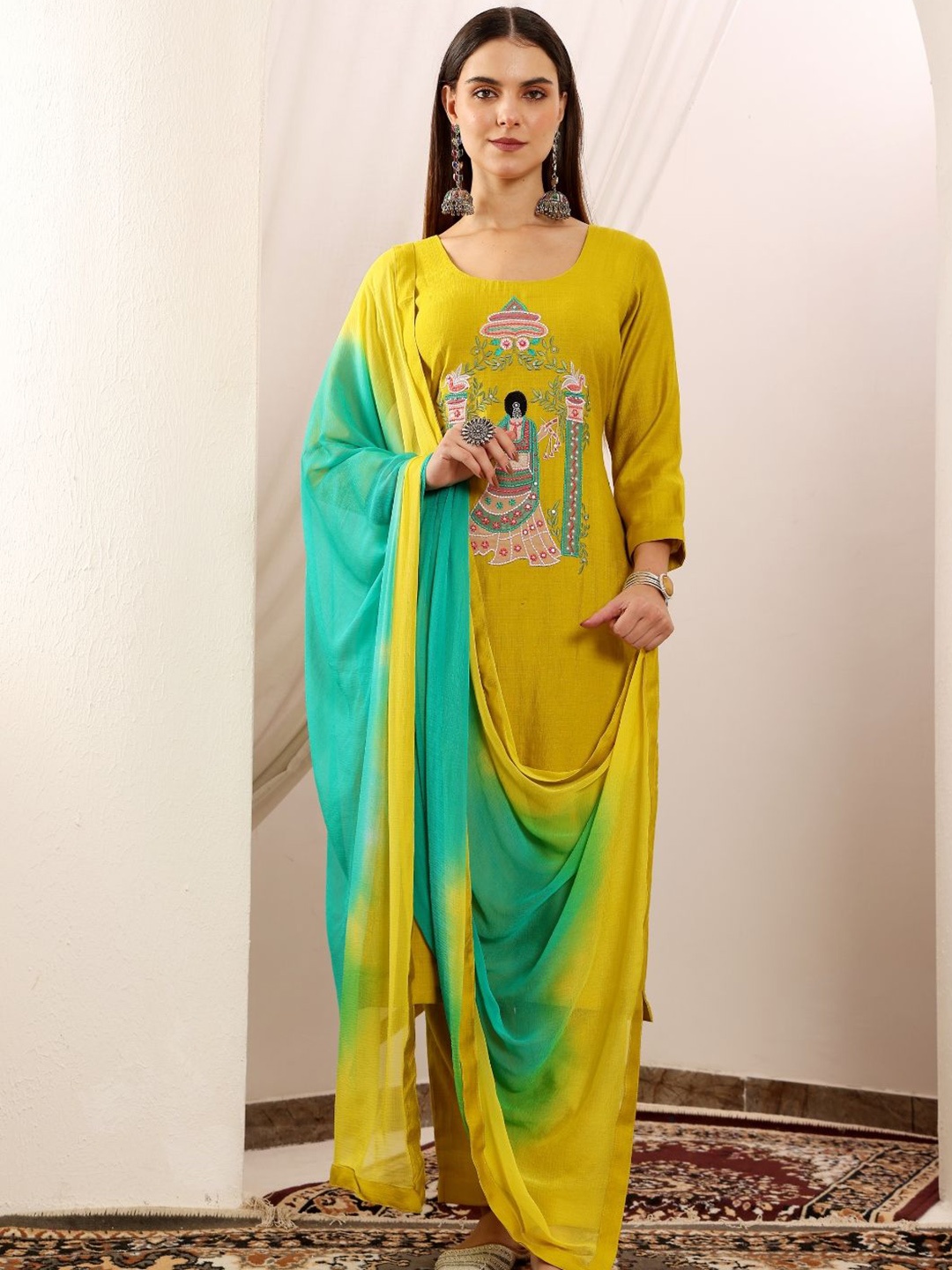 

Lative Colours of Fashion Embroidered Straight Kurta With Trousers And Dupatta, Yellow