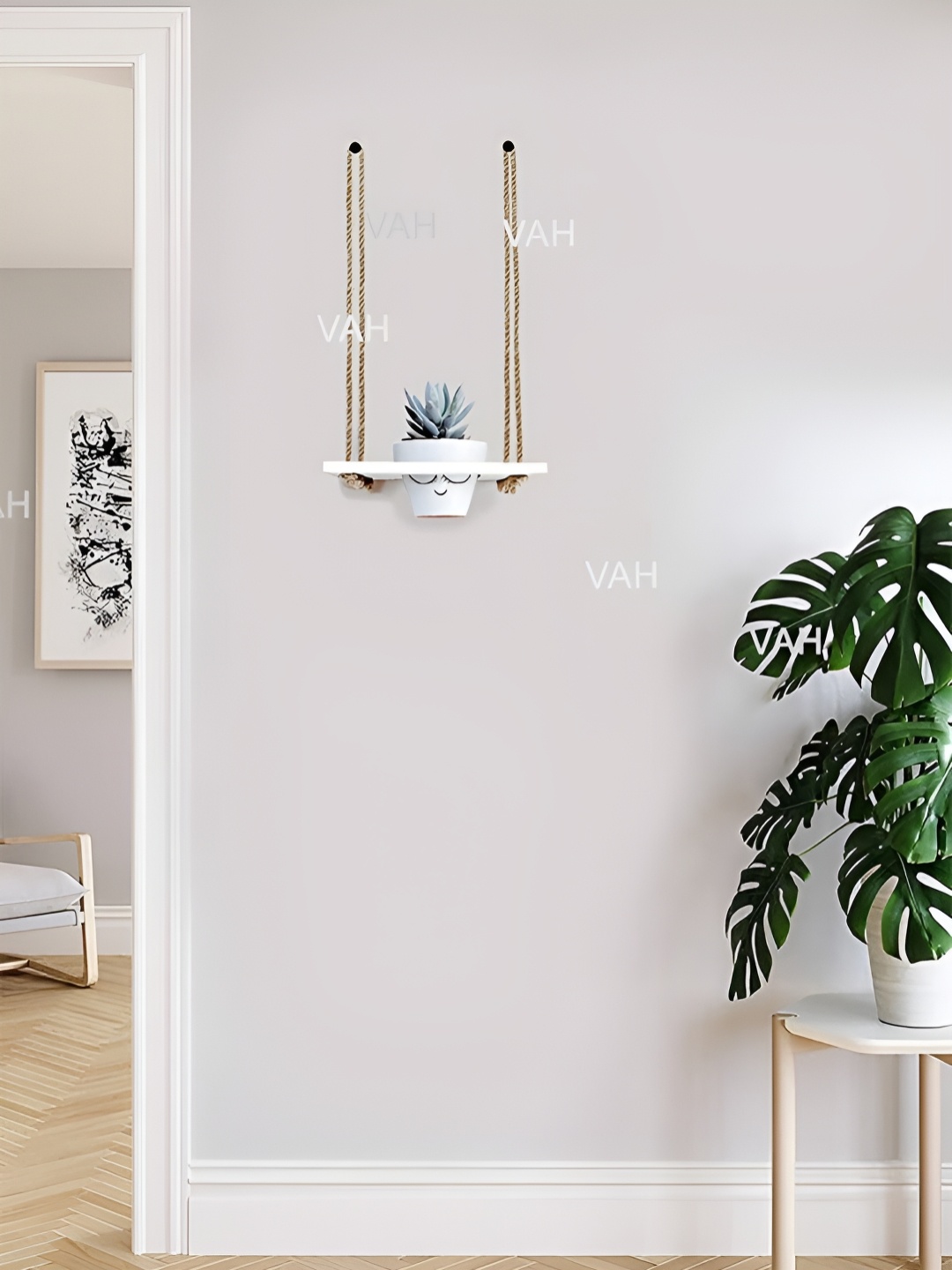 

VAH Kya Bat Hai !! White & Brown Wooden Decorative Flower Pot Rack With Rope