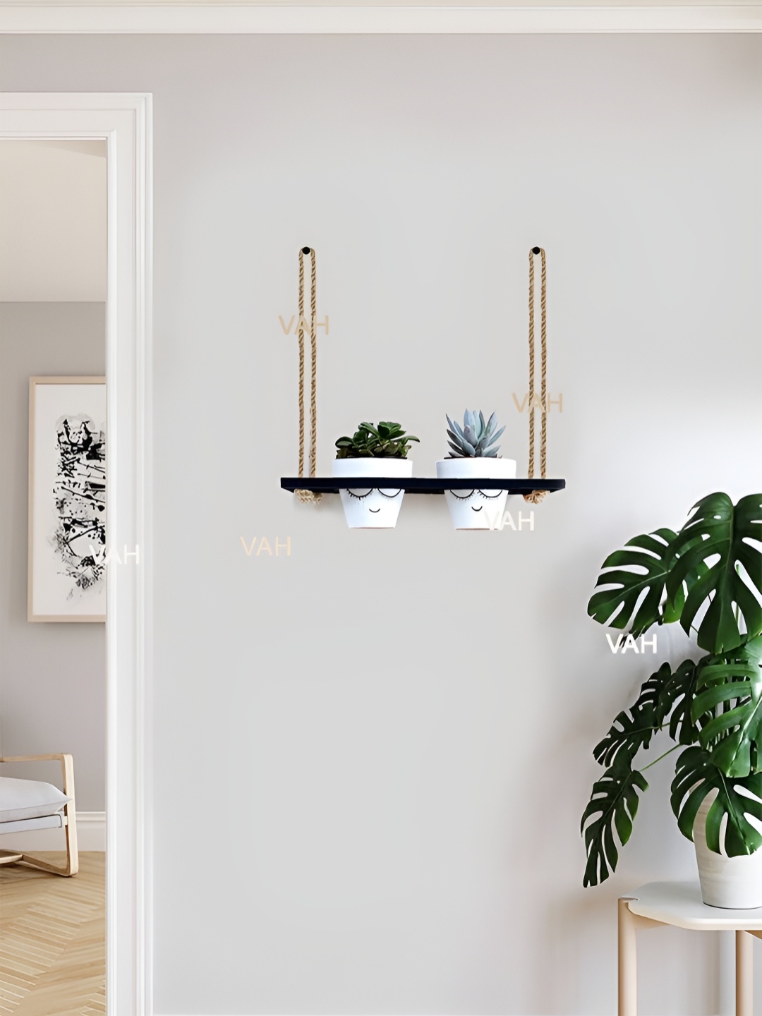 VAH Kya Bat Hai !! Black & Brown Wooden Decorative Flower Pot Rack With Rope
