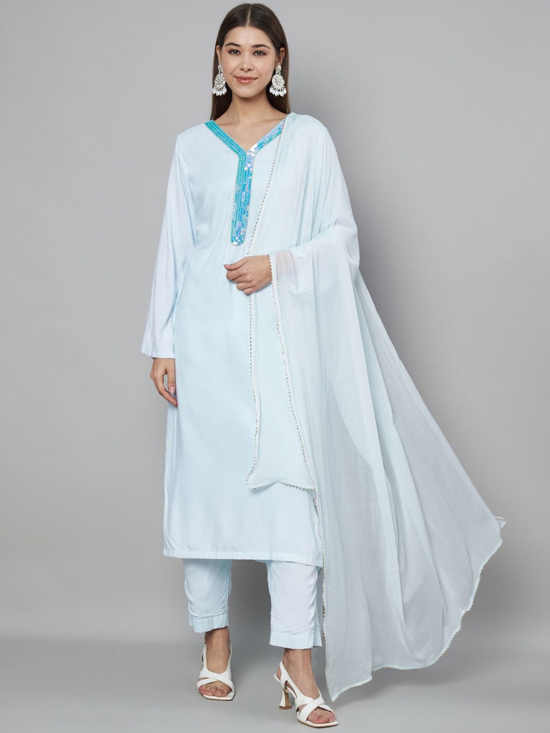 

BCZ Style Sequinned V-Neck Straight Kurta With Trousers & Dupatta, Blue