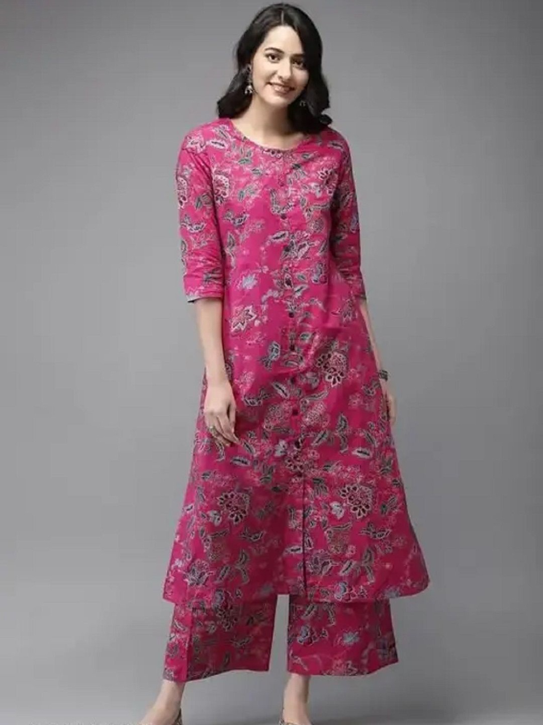 

Aasira Floral Printed Round Neck A-Line Kurta With Palazzo, Pink