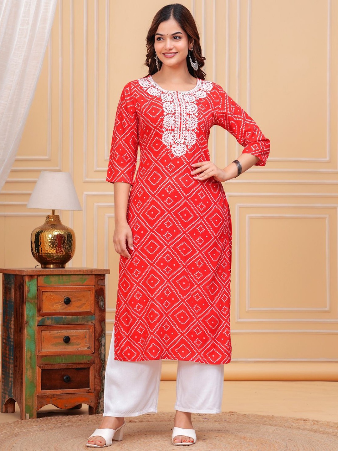 

NEW4U Bandhani Printed Embroidered Mirror Work Straight Kurta With Palazzo, Red