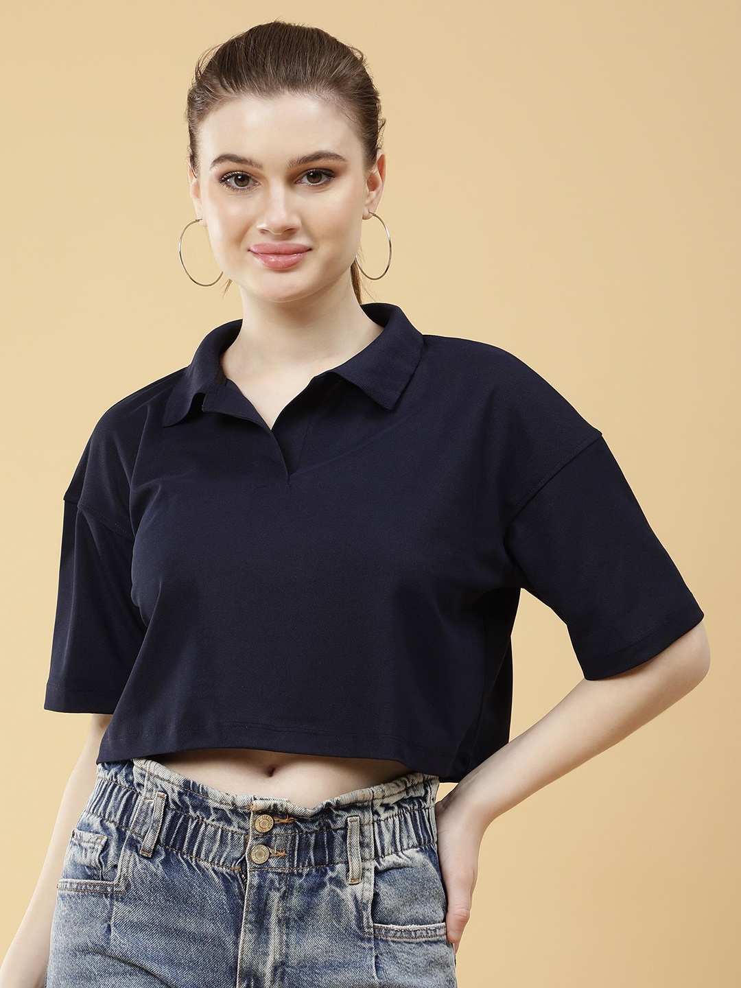 

Dogman Women Abzorb Solid Polo Collar Boxy T-shirt, Navy blue