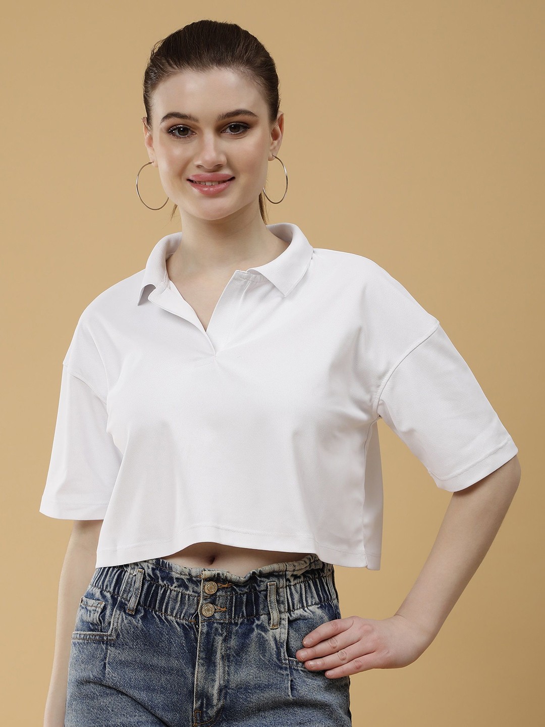 

Dogman Women Abzorb Solid Polo Collar Boxy T-shirt, White
