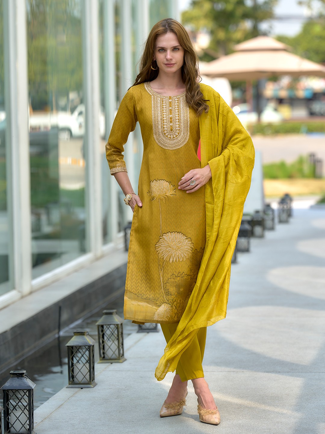 

SHREE LAXMINARAYAN EXPORT Floral Embroidered Straight Kurta With Trousers And Dupatta, Mustard