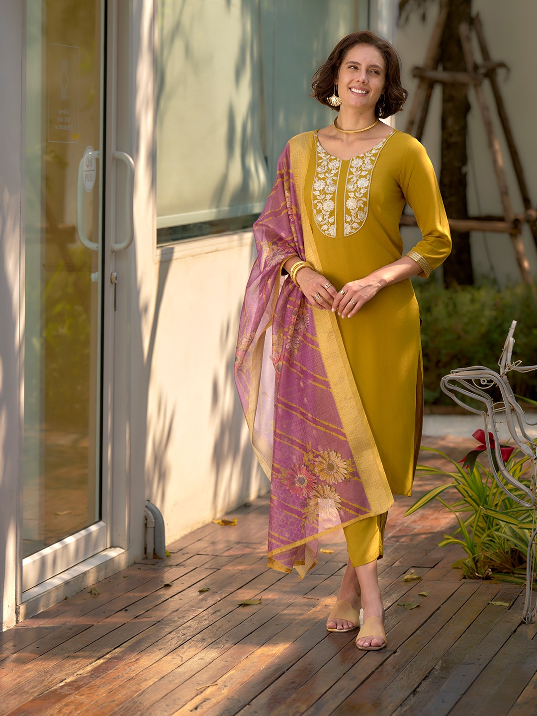 

SHREE LAXMINARAYAN EXPORT Embroidered V-Neck Straight Kurta With Trousers And Dupatta, Mustard