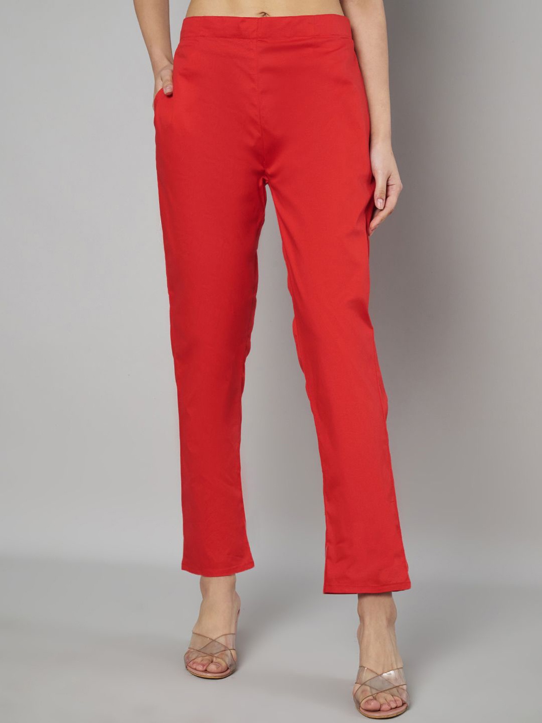 

Moda Rapido Women Relaxed Fit Mid-Rise Cotton Cigarette Trouser, Red