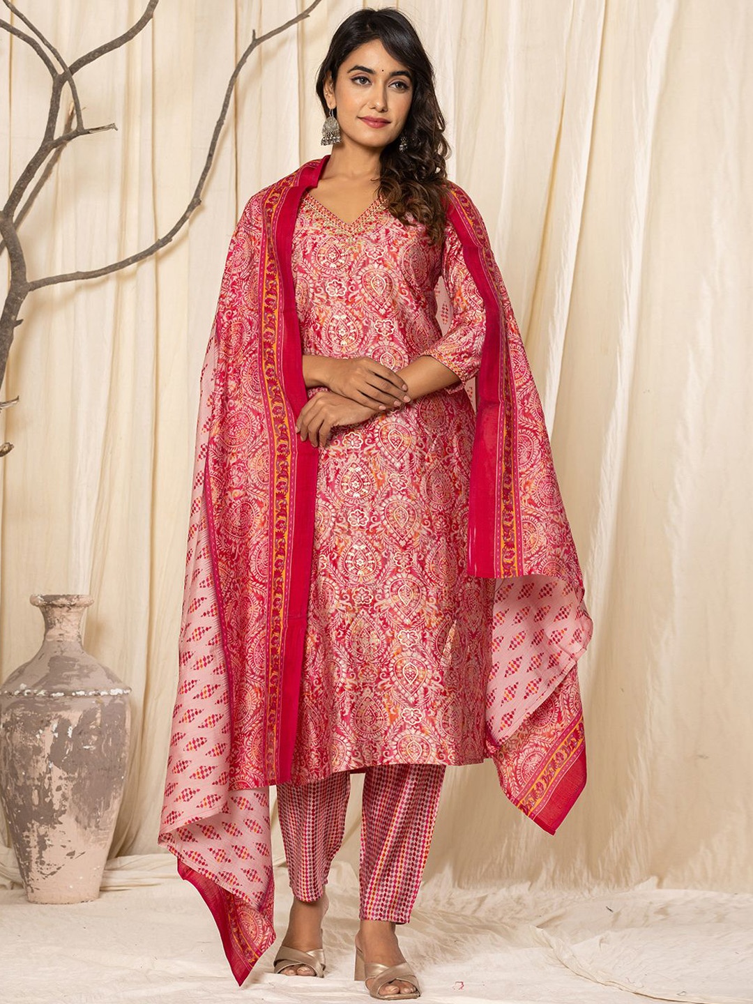 

V.S.Creation EthnicMotifs Embroidered V-Neck Chanderi Cotton Kurta With Trousers & Dupatta, Red