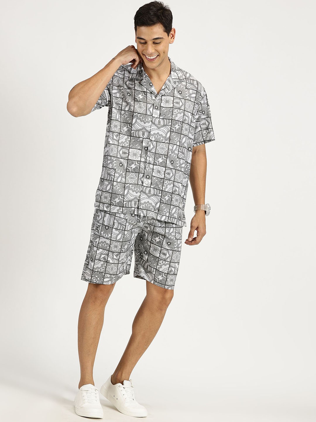 

RAVINIK Printed Shirt Collar Shirt With Short, Grey