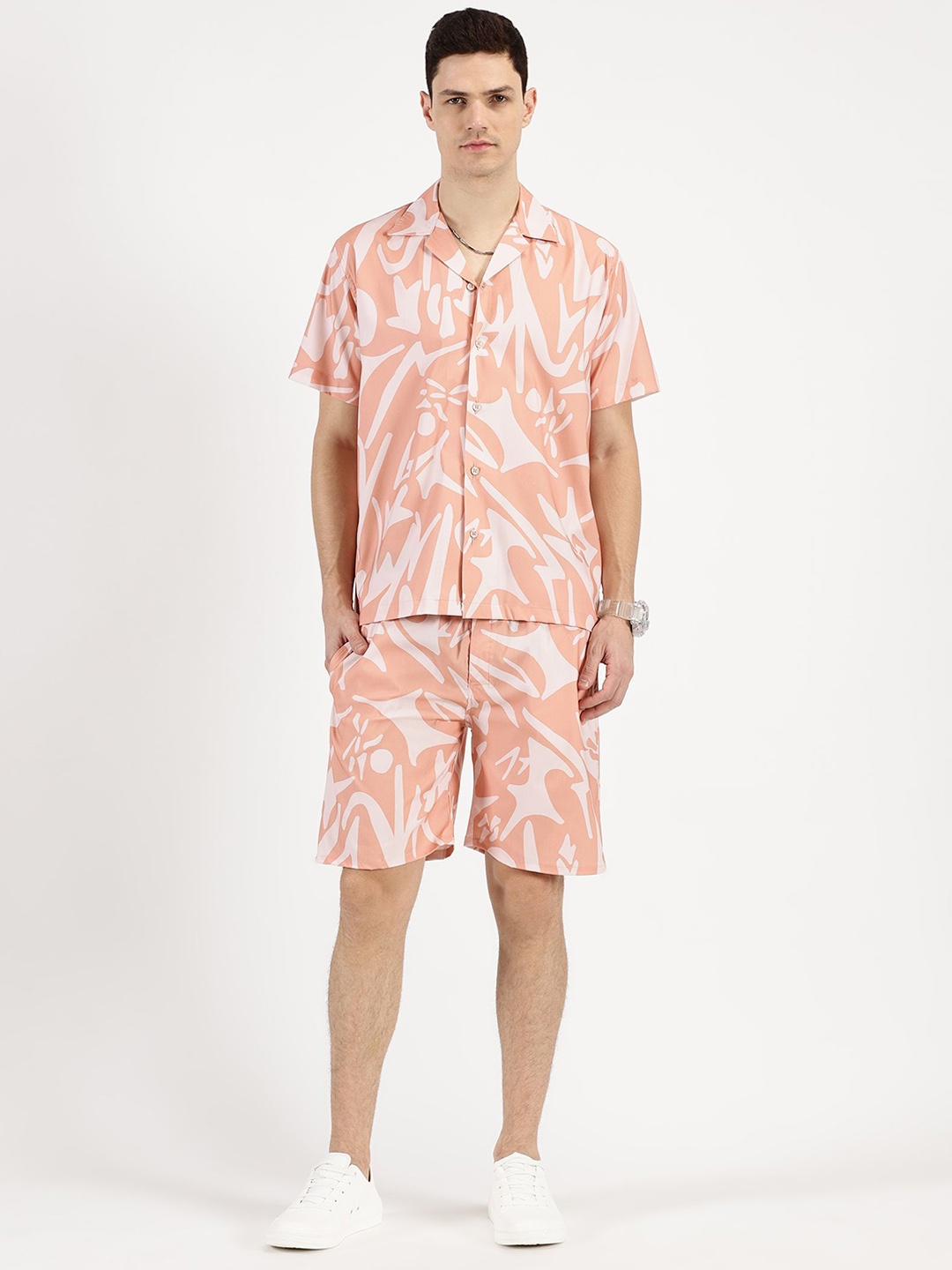 

RAVINIK Printed Notched Lapel Collar Shirt With Shorts, Pink