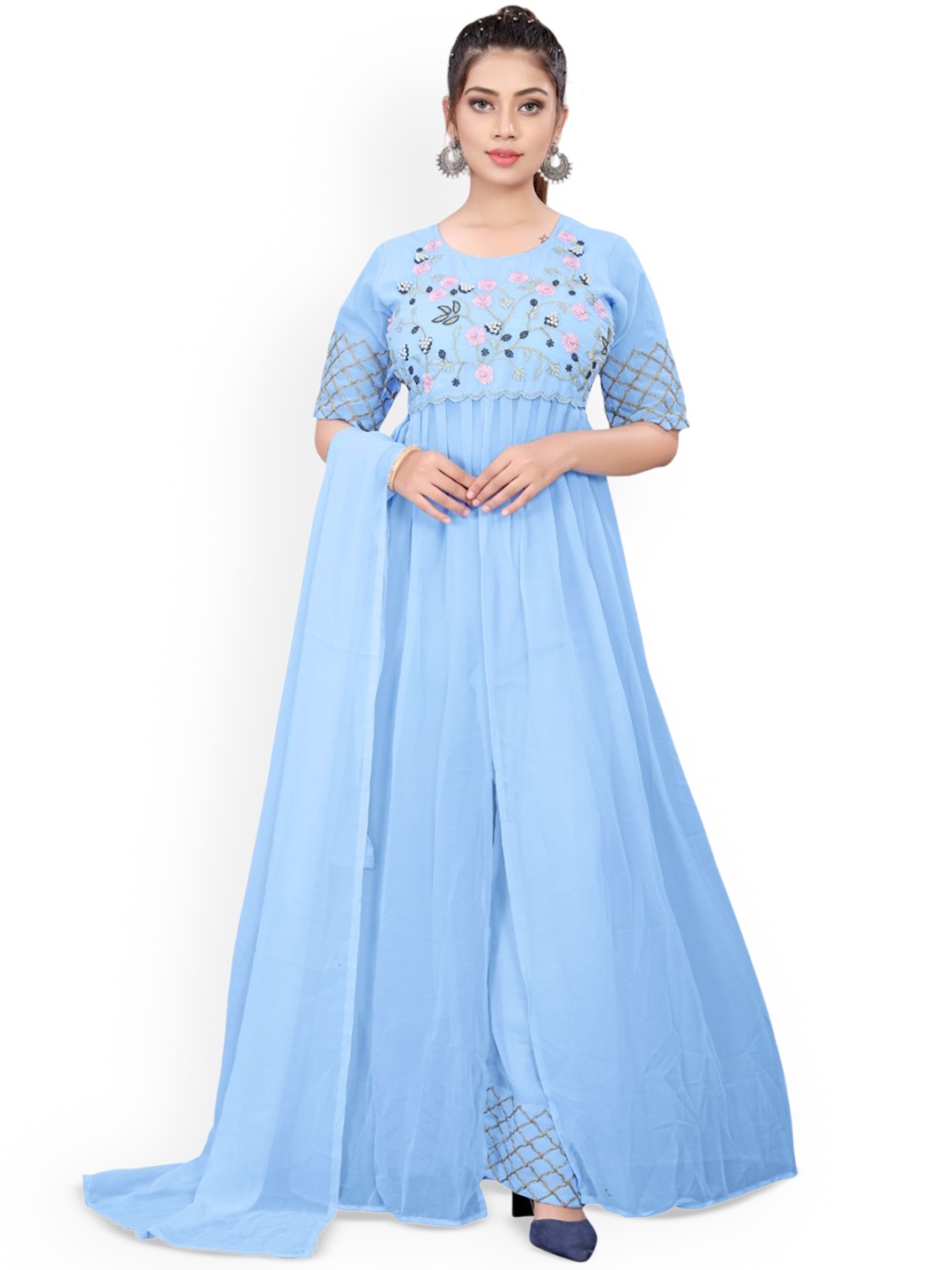 

AKSHARAM Floral Embroidered Sequinned A-Line Kurta With Palazzos And Dupatta, Blue