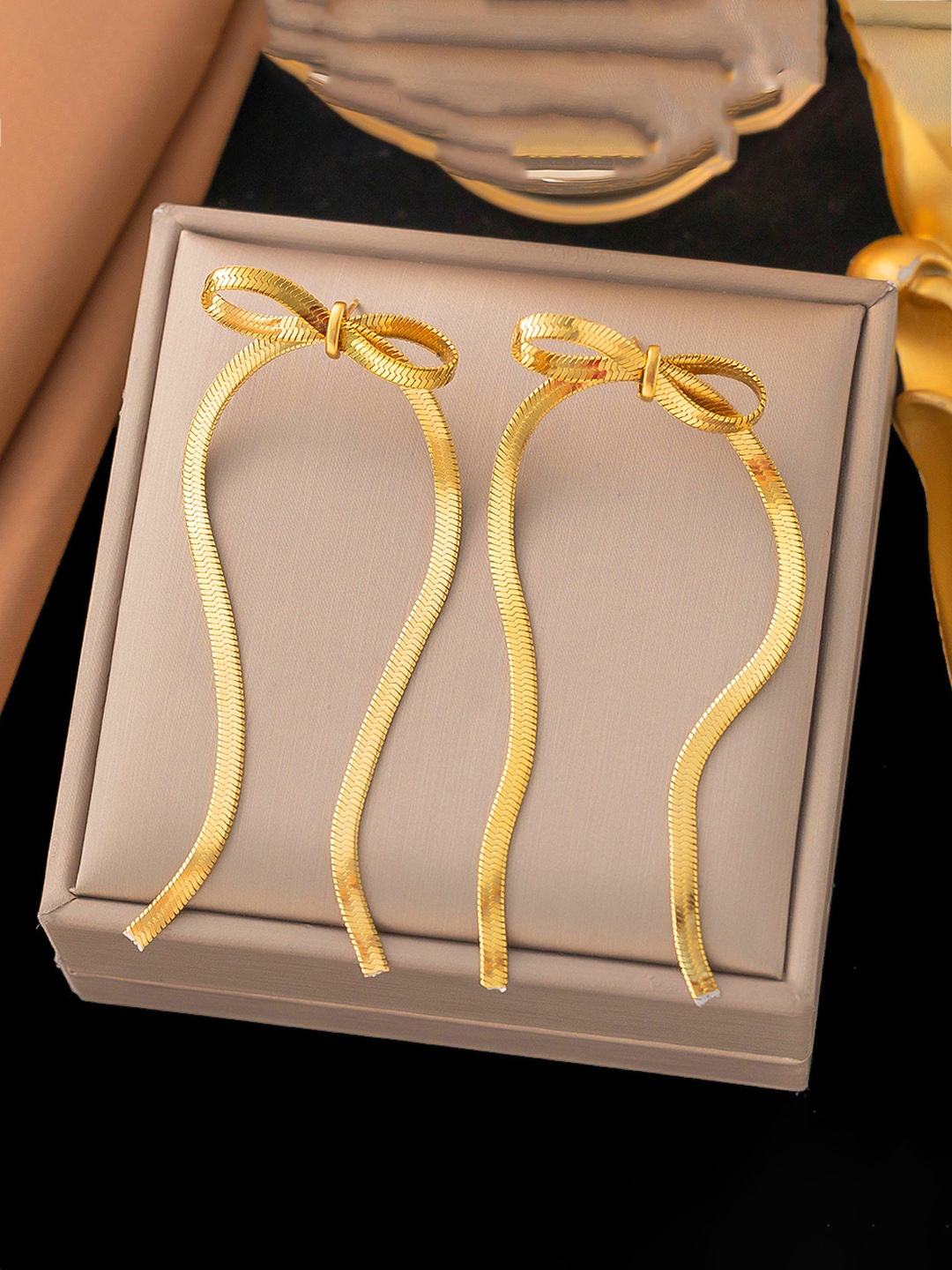 

Designs & You Stainless Steel Gold-Plated Contemporary Shaped Drop Earrings