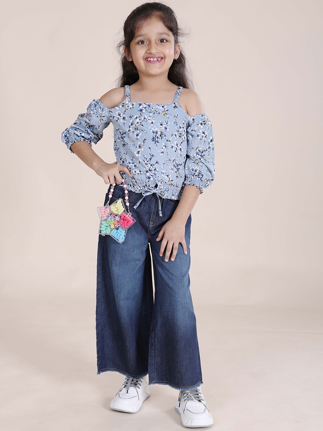 

KiddoPanti Girls Printed Square Neck Top With Trouser, Blue