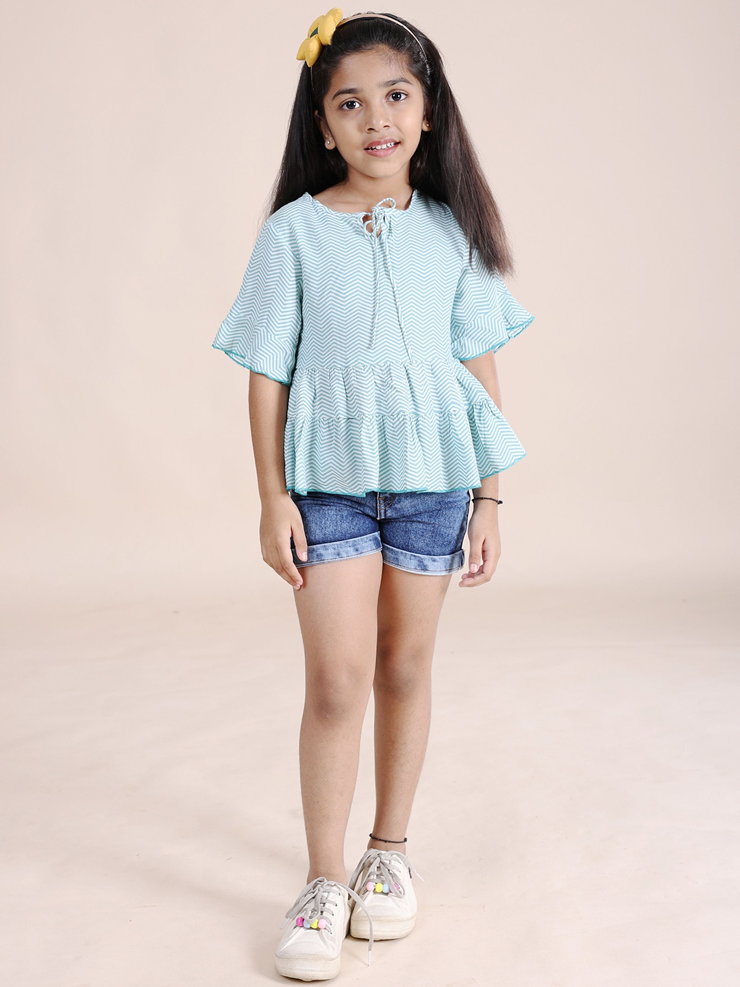KiddoPanti Girls Printed Tie-Up Neck Tiered Top With Shorts, White