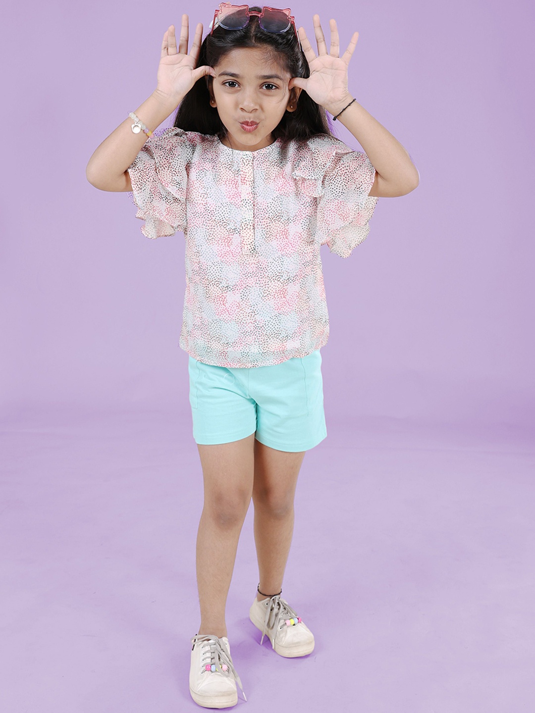 

KiddoPanti Girls Printed Top With Shorts, Pink