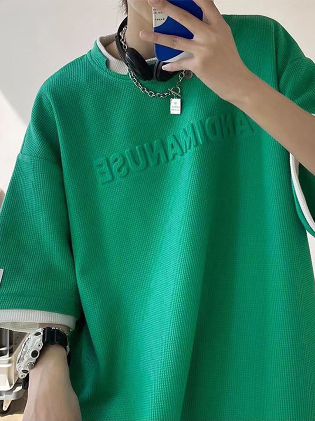 

StyleCast x Revolte Men Typography Embosed Round Neck Oversized T-shirt, Green
