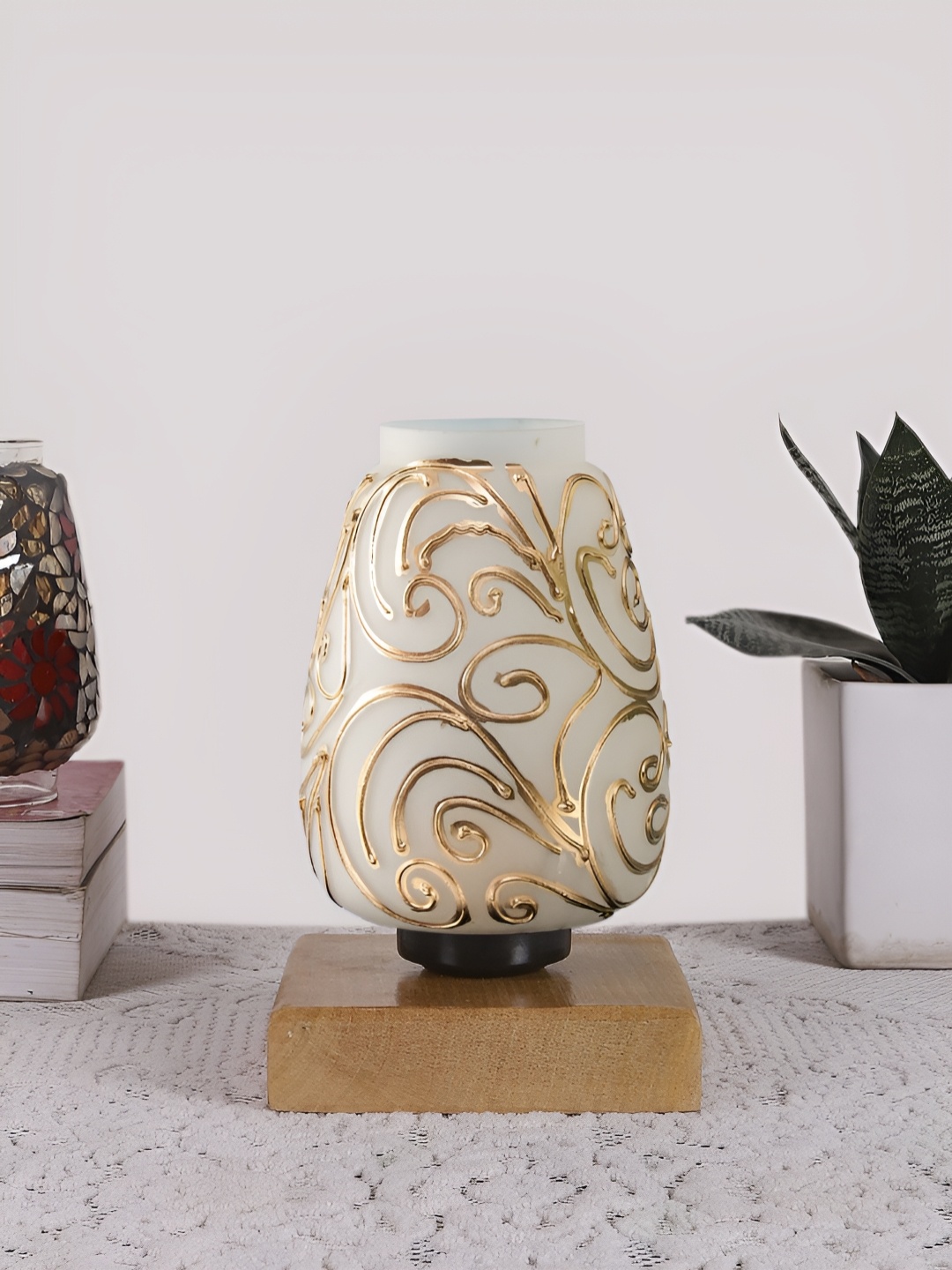 

Devansh White & Gold-Toned Textured Abstract Shaped Glass Table Lamp With Wooden Base