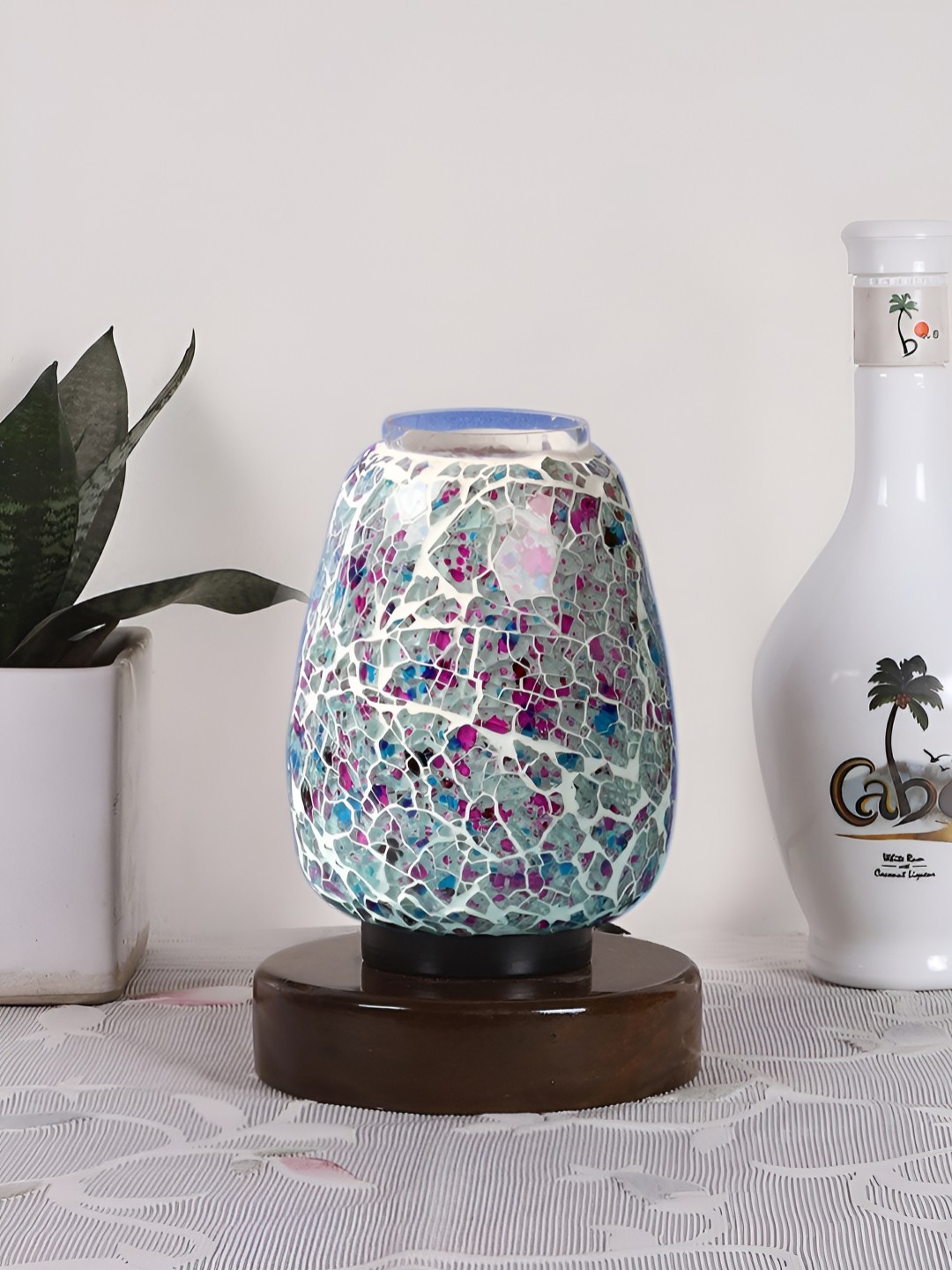 

Devansh Brown & Blue Textured Abstract Shaped Glass Table Lamp With Wooden Base