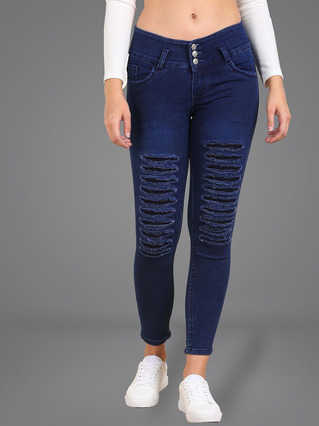 

Moda Rapido Women Slim Fit Highly Distressed Jeans, Navy blue