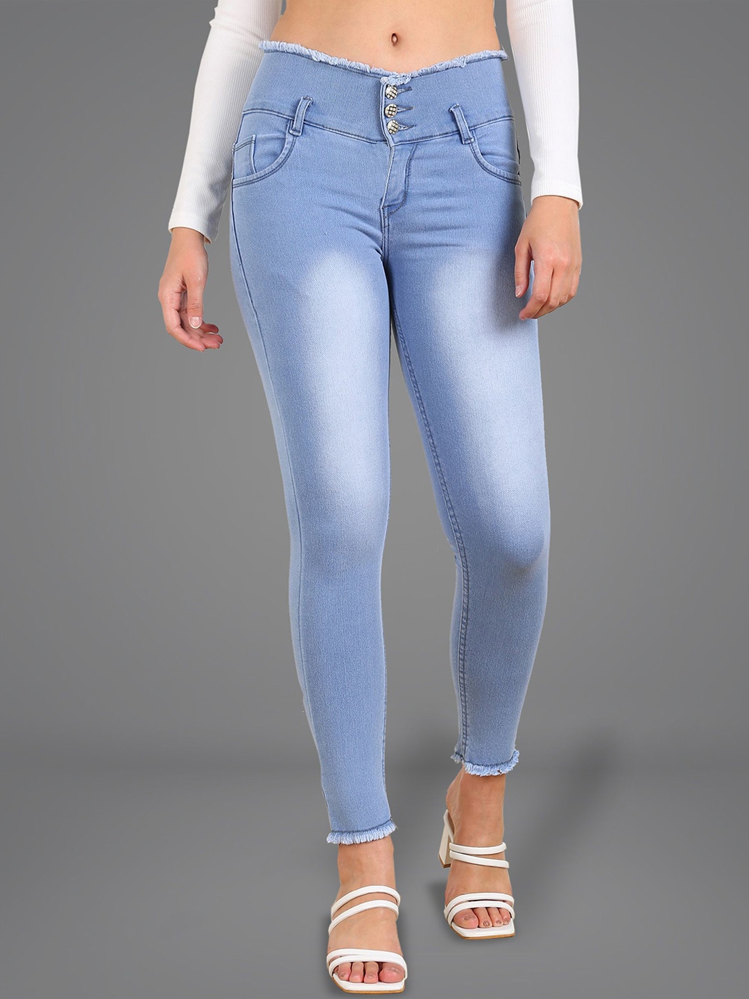 

Moda Rapido Women Slim Fit Mid-Rise Clean Look Heavy Fade Cotton Jeans, Turquoise blue