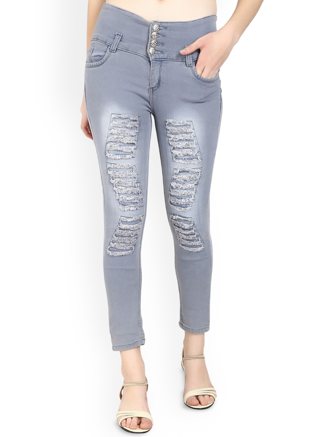 

Moda Rapido Women Cotton Slim Fit Highly Distressed Heavy Fade Jeans, Grey
