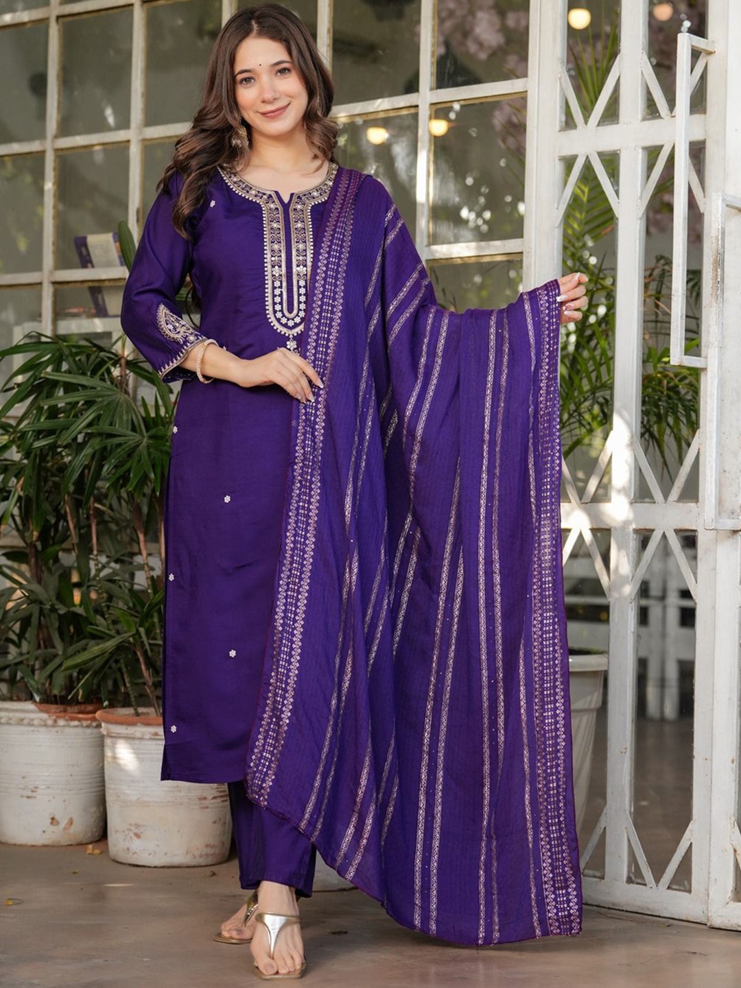 

Shatanuvart Export Embroidered Notch Neck Chanderi Straight Kurta With Trouser & Dupatta, Purple