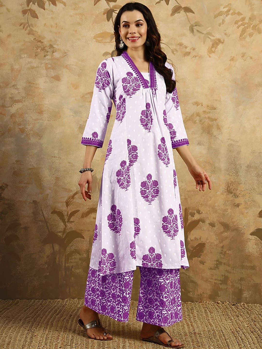 

Shatanuvart Export Floral Printed V-Neck Panelled A-line Kurta With Palazzo & Dupatta, Purple
