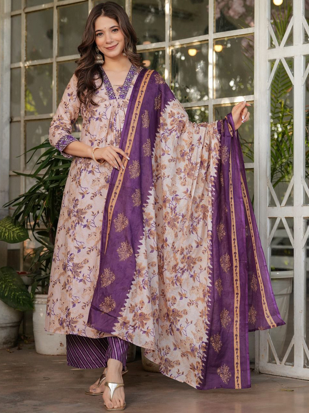 

Shatanuvart Export Printed V-Neck Pleated Pure Cotton A-Line Kurta With Palazzos & Dupatta, Beige