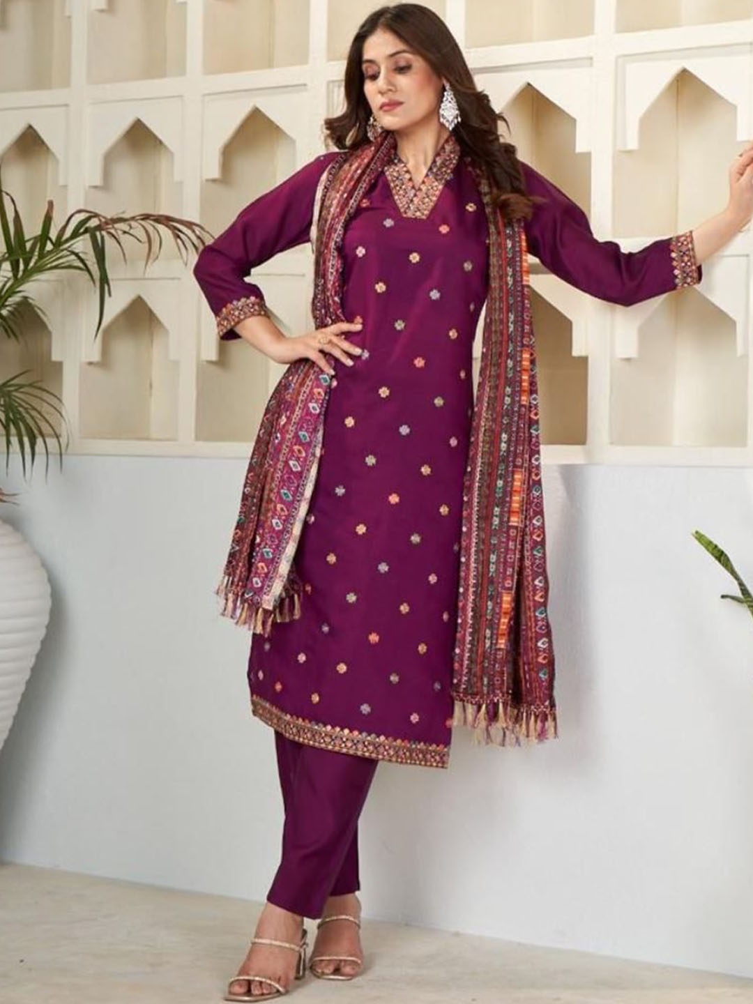 

Shatanuvart Export Floral Embroidered Chanderi Straight Kurta With Trouser & Dupatta, Purple