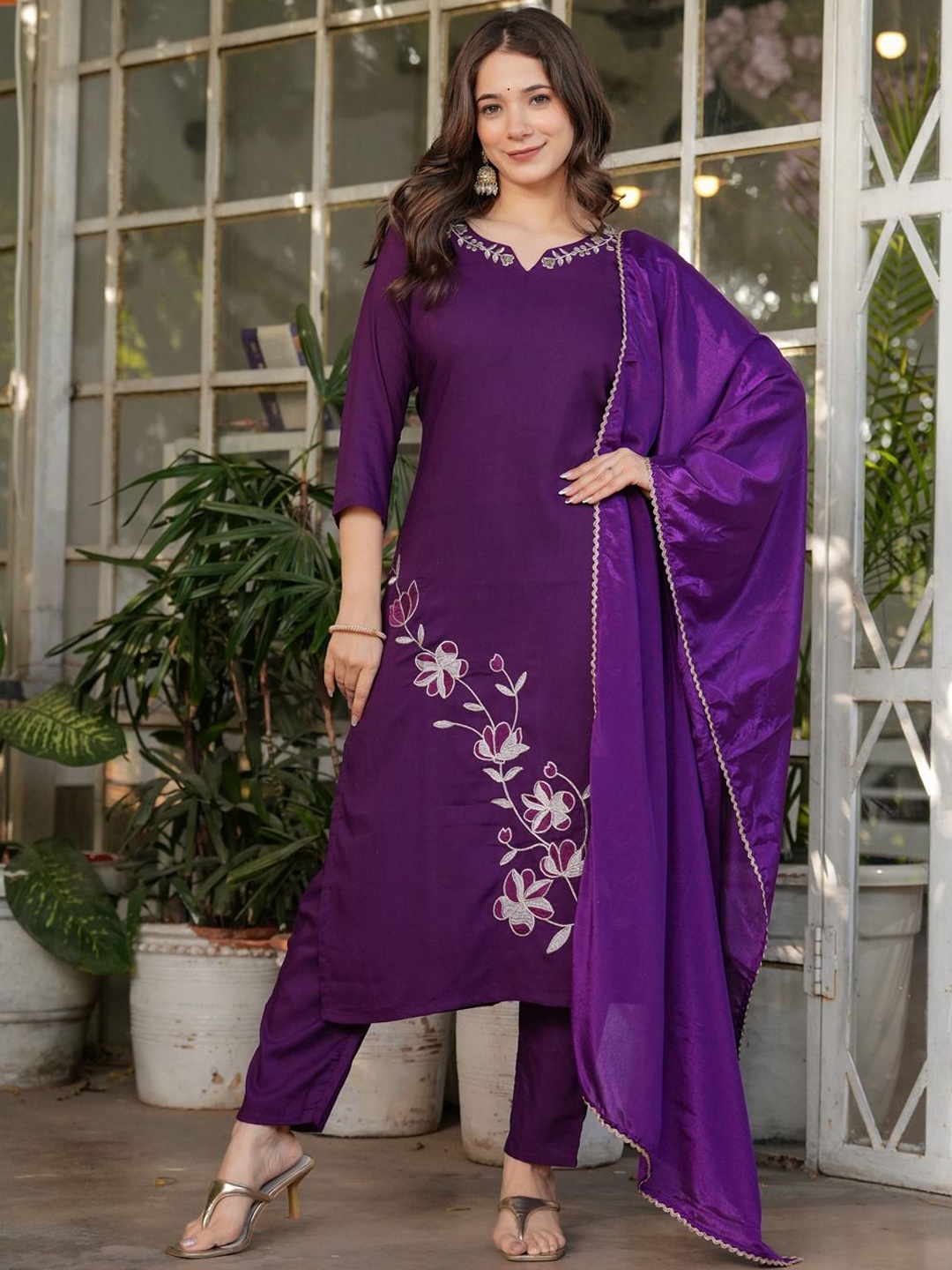 

Shatanuvart Export Floral Embroidered Notch Neck Straight Kurta With Trouser & Dupatta, Purple